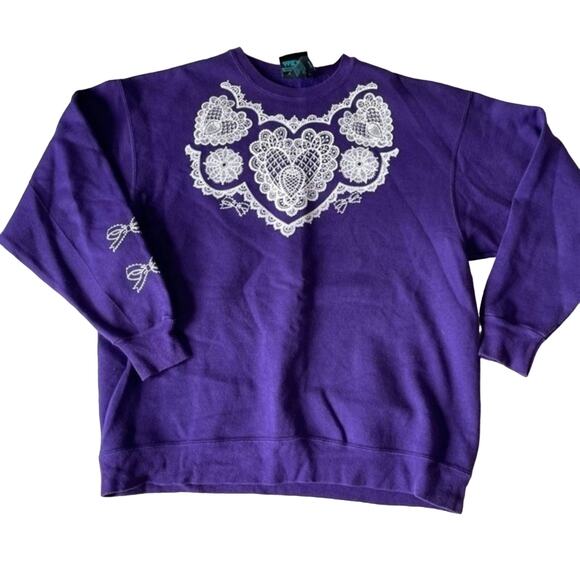 Vintage Purple Crewneck Sweatshirt White Lace Details 80’s Wild Cottagecore Gran - Picture 1 of 8